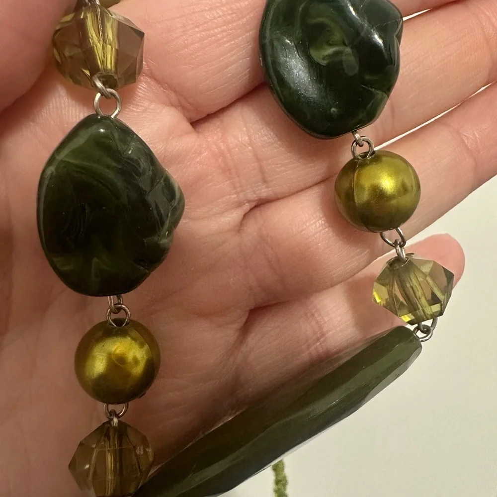 Long Green Resin Bead, glass seed beads, Necklace | Boho Artisan Statement